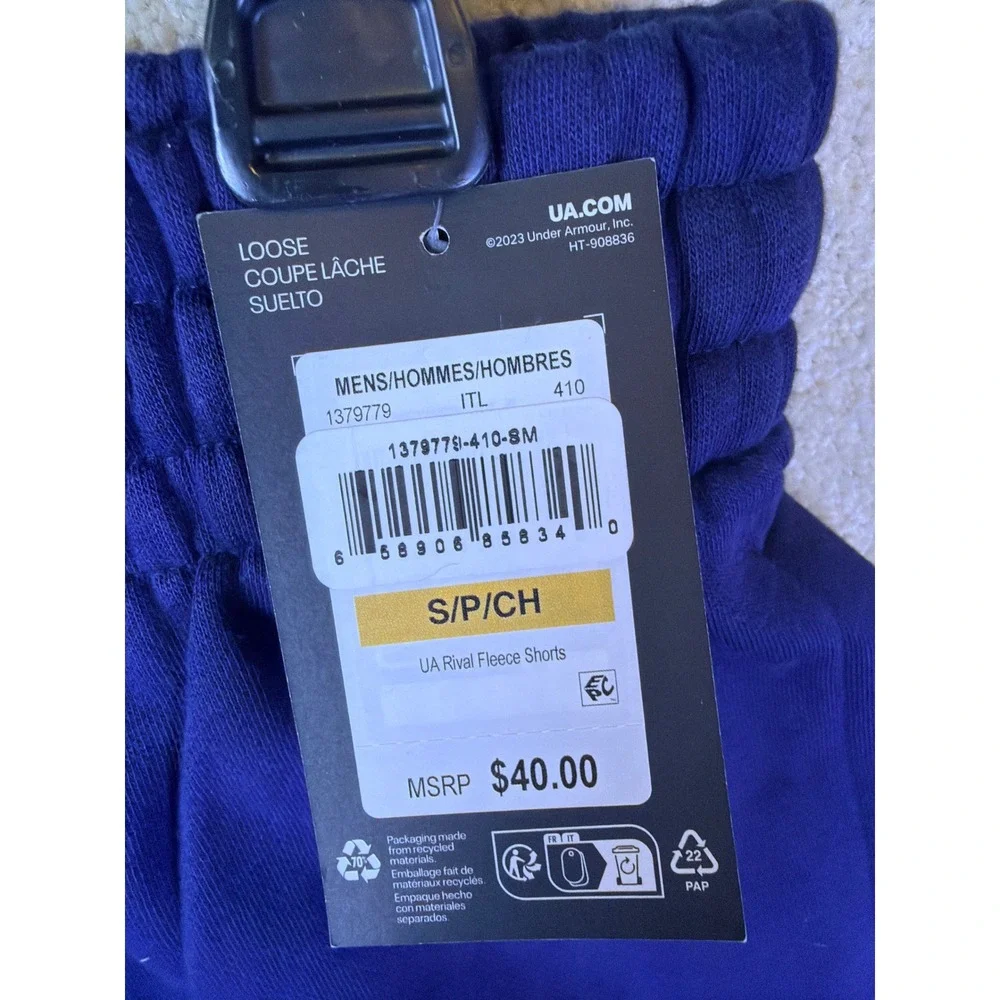 Under Armour Rival Fleece Shorts Mens Small Navy Blue Loose Fit 1379779-410-SM